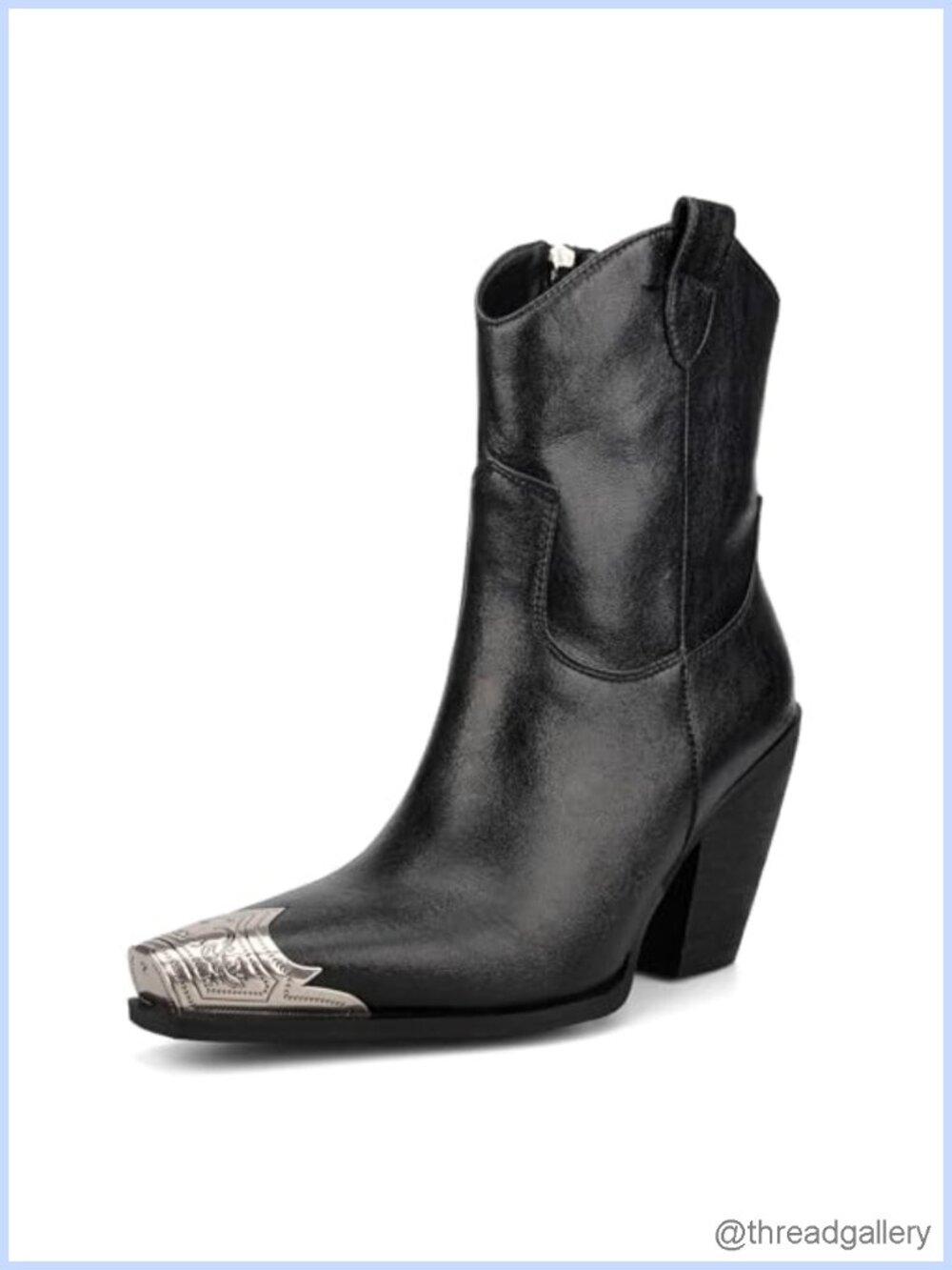 Engraved Steel Toe Faux Leather Cowboy Ankle Boots Stacked Block Heel Western